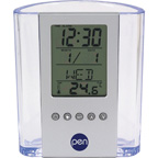 Clear Pen Cup w Digital Alarm Clock and thermometer